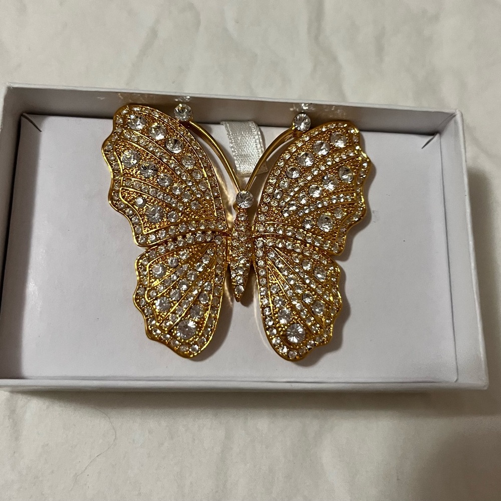 Gold Rhinestone Monarch Butterfly Brooch Large Statement Pin - Picture 2 of 4